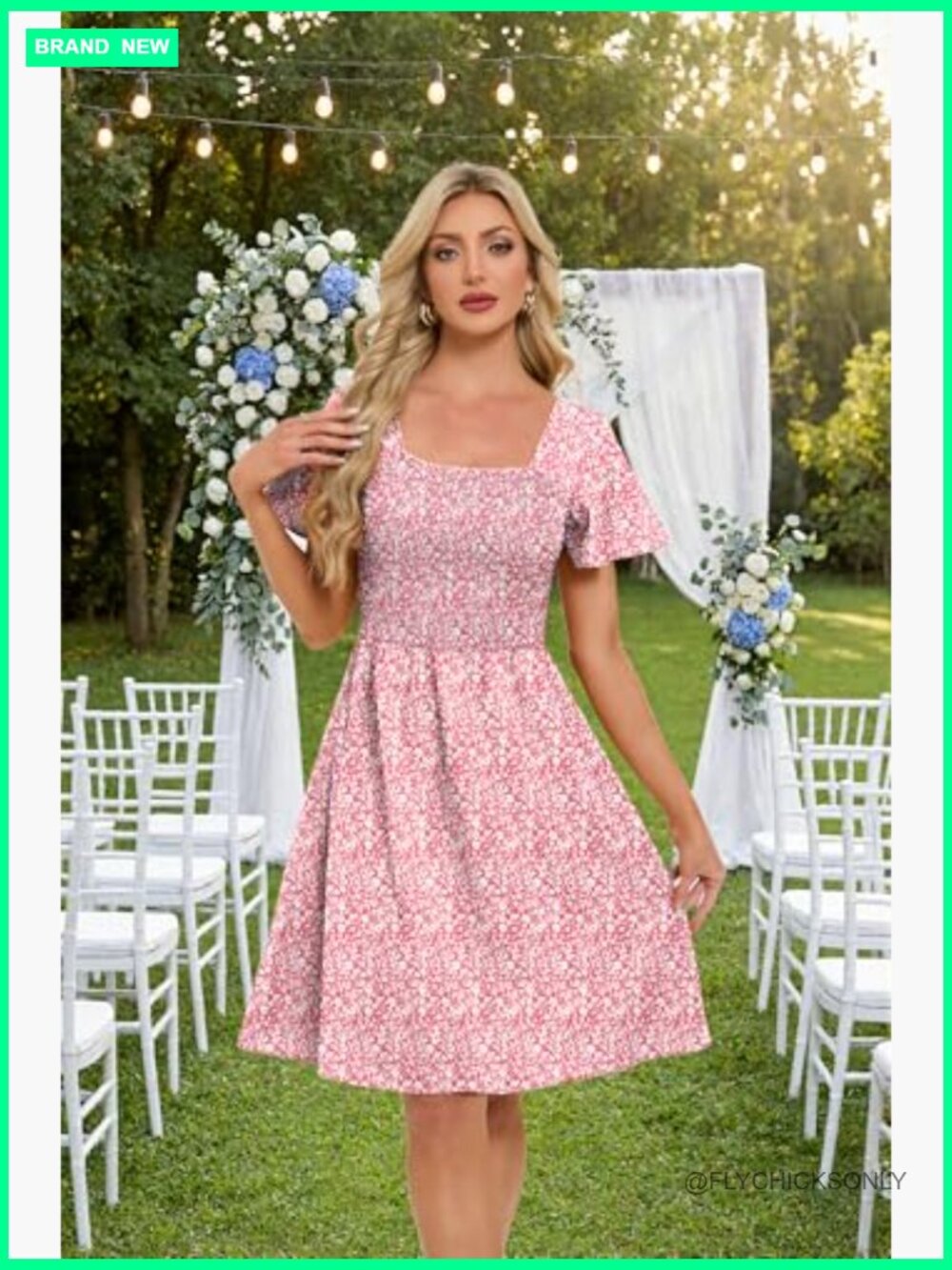 Smocked Square Neck A-Line Midi Sundress with Pockets Flowy Summer Dress - Picture 4 of 6